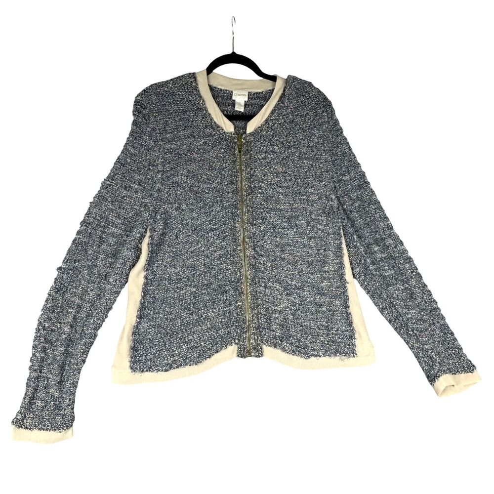 Chicos Cardigan Women's 3 Blue Long Sleeve Knit Linen Sweater Ruffle Zip Cotton